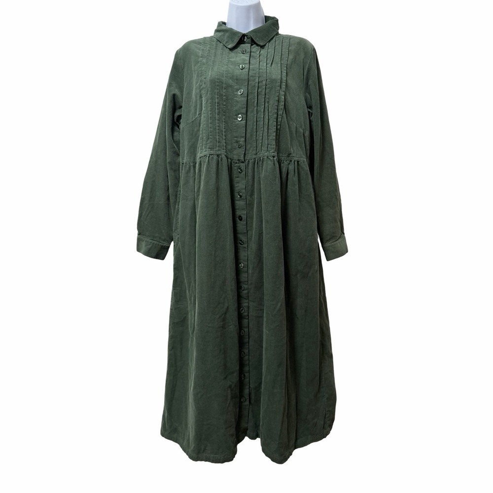 Woman Within Corduroy Button Up Front Shirt Dress Size 16W Pine Green Modest